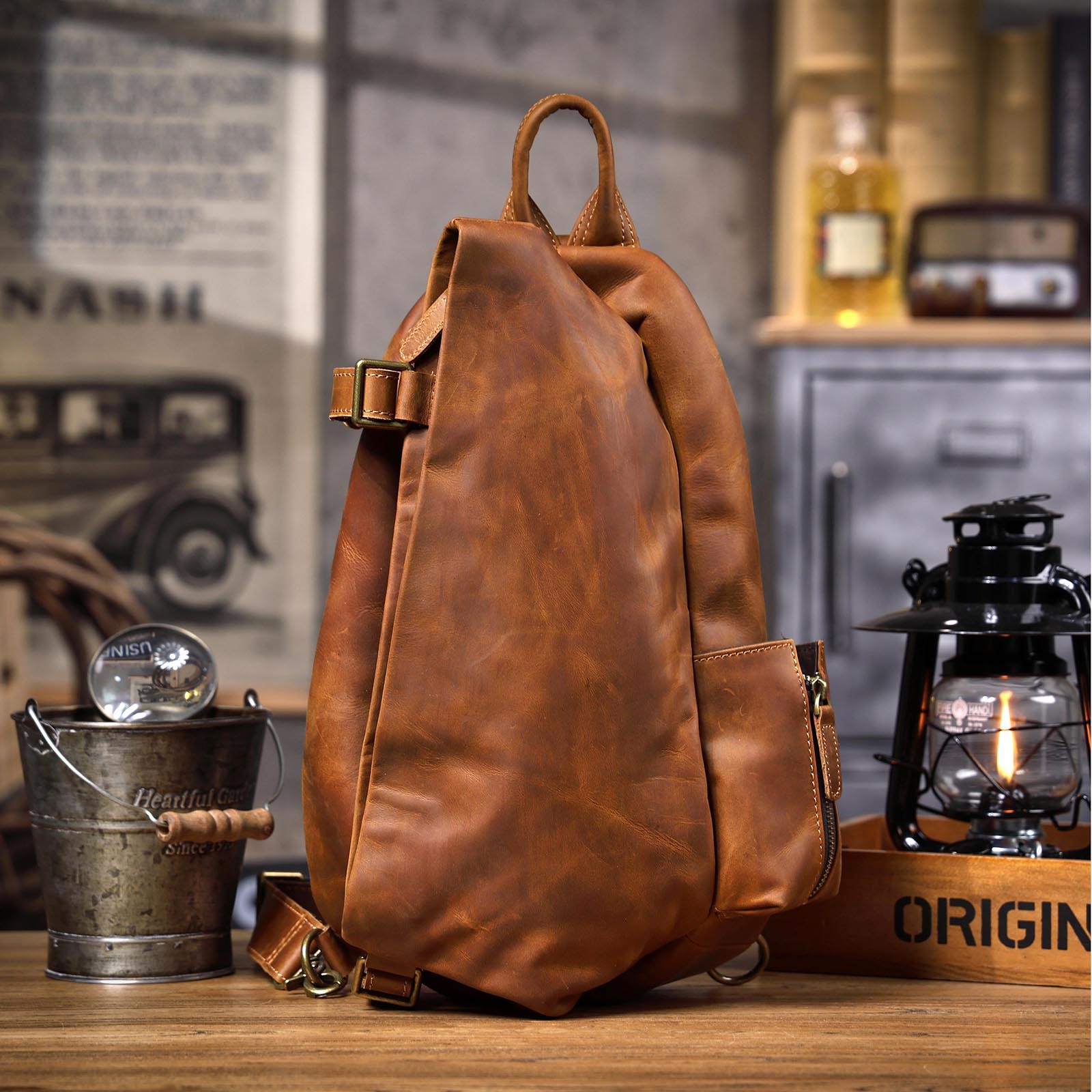 Travel Organizer Men - ヴィンテージオーガナイザーデザイナー クレイジーホース牛革 メンズ大容量チェストバッグ 旅行パーティー 高級本革クロスボディバッグ