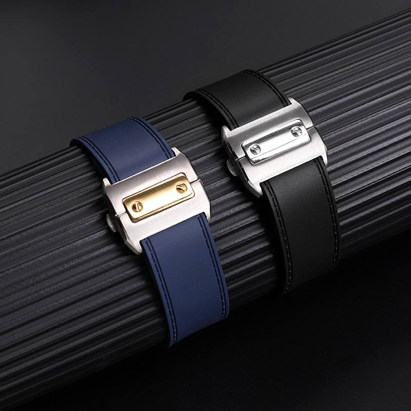 Men'S Accessories Cartier - カルティエ製腕時計バンド、メンズ・サントス100シリーズ、折りたたみ式バックル、黒と青のアクセサリー、23mm、25mm、高品質ラバー製腕時計ストラップ。